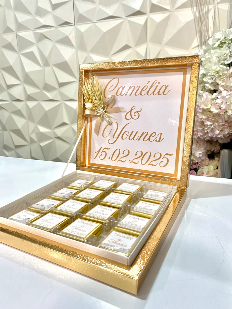 Boîte Gold de 24 chocolats au lait personnalisés | cadeaux invités | cérémonies