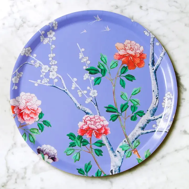Plateau rond en bois motif pivoines