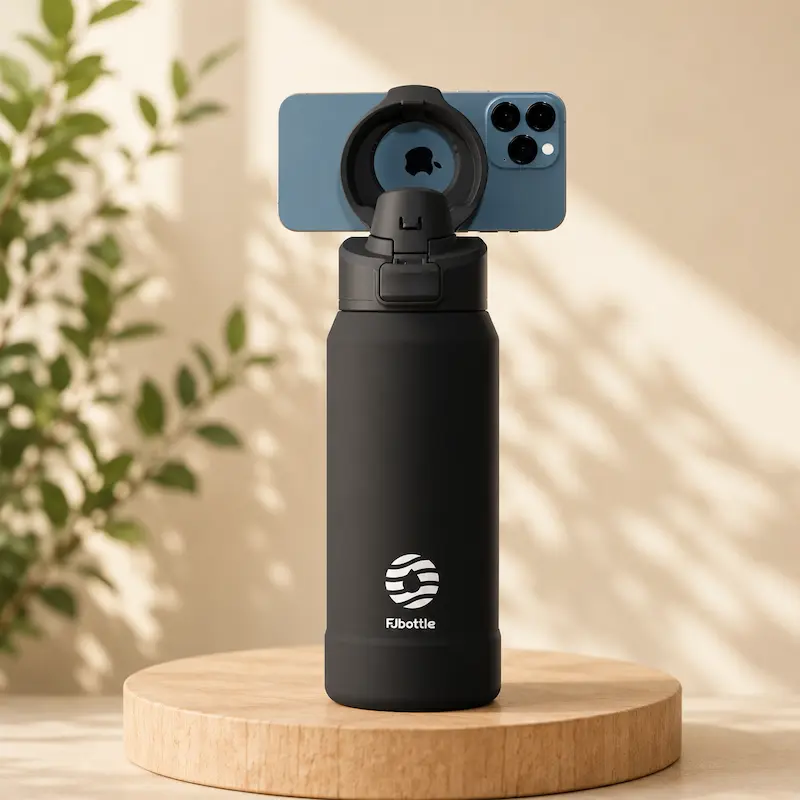 Gourde isotherme magnétique avec support téléphone - Double usage