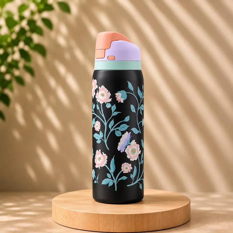 Gourde inox florale - Paille portable élégante