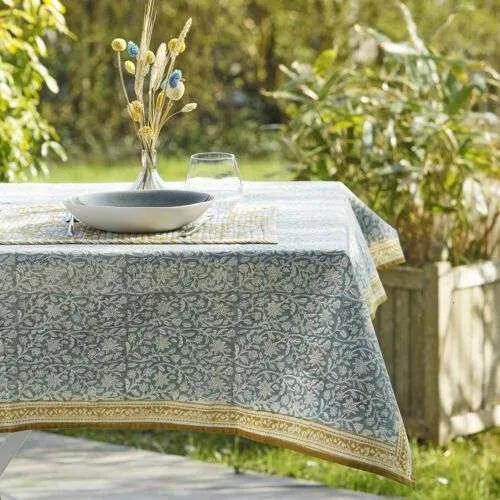 Nappe rectangulaire en coton bleue & ocre