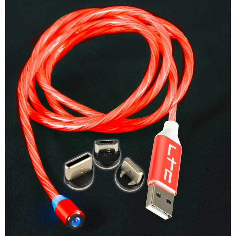 Magic-Cable-RD - Câble de Charge Magnétique multi embout USB micro/USB/Iphone Lumineux Rouge - 1 m