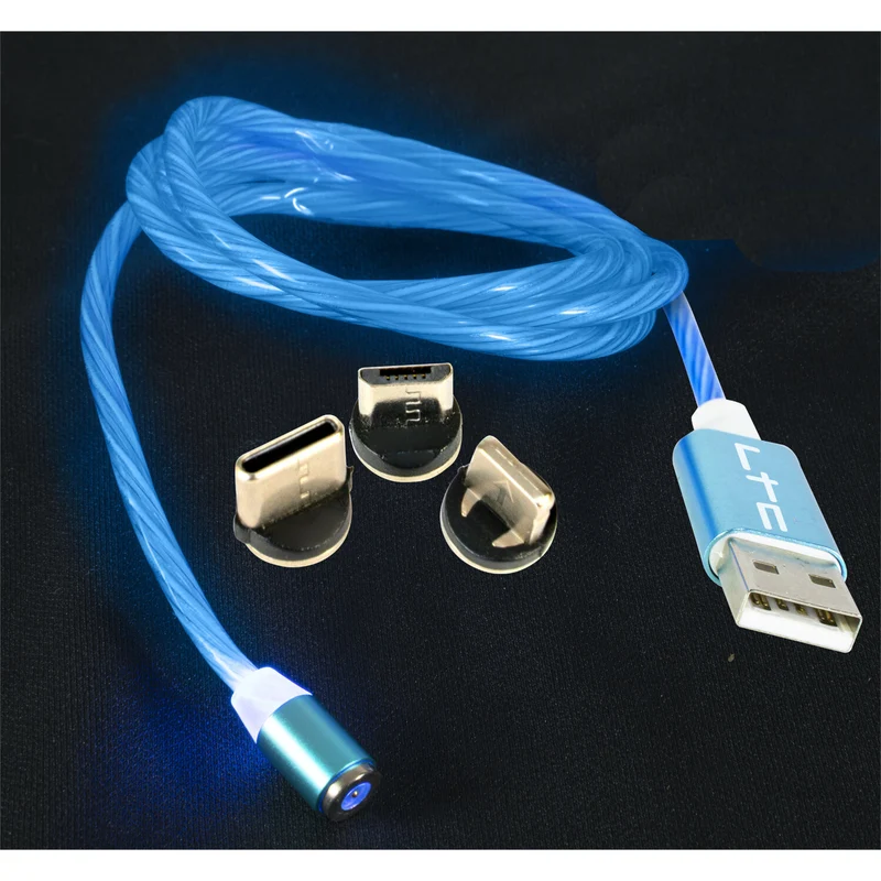 Magic-Cable-BL - Câble de Charge Magnétique multi embout USB micro/USB/Iphone Lumineux Bleu - 1 m
