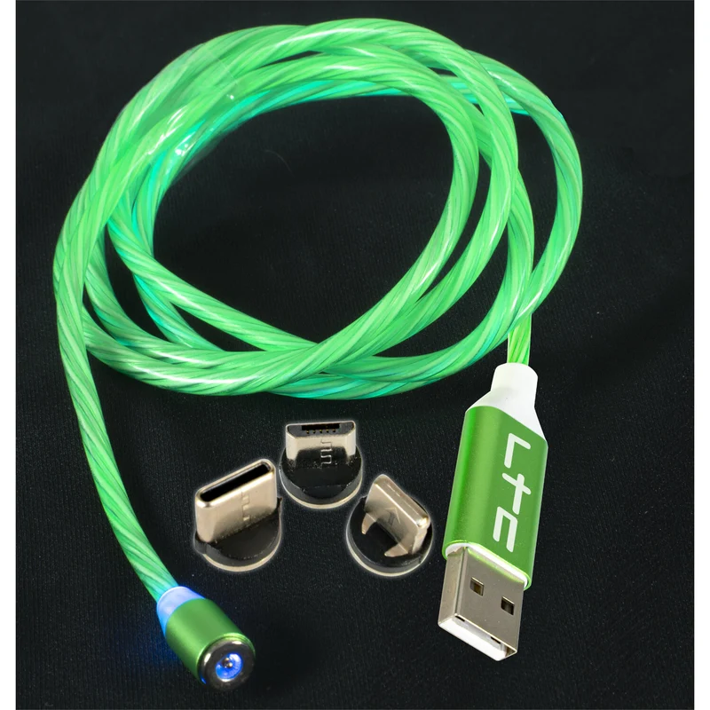 Magic-Cable-GR - Câble de Charge Magnétique multi embout USB micro/USB/Iphone Lumineux Vert - 1 m