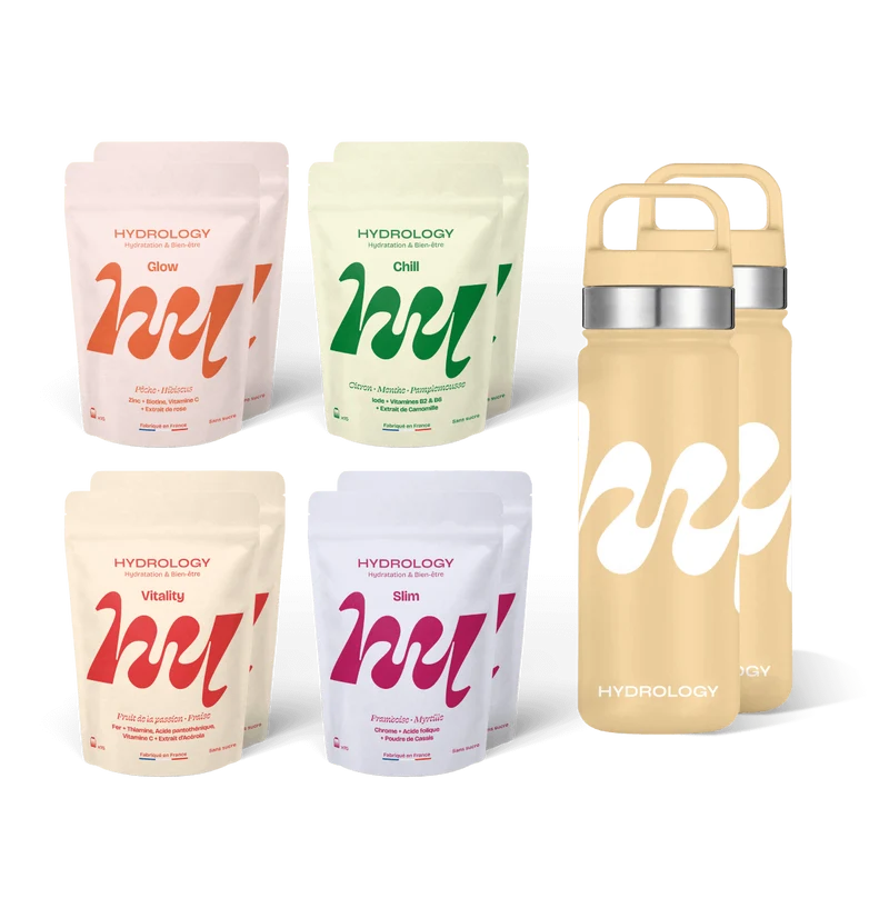 Pack hydratation à deux (10 sachets) + 2 gourdes au choix