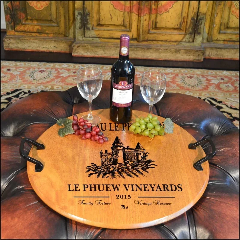 Le Pheuw Barrel Head Serving Tray with Wrought Iron Handles - Personalized