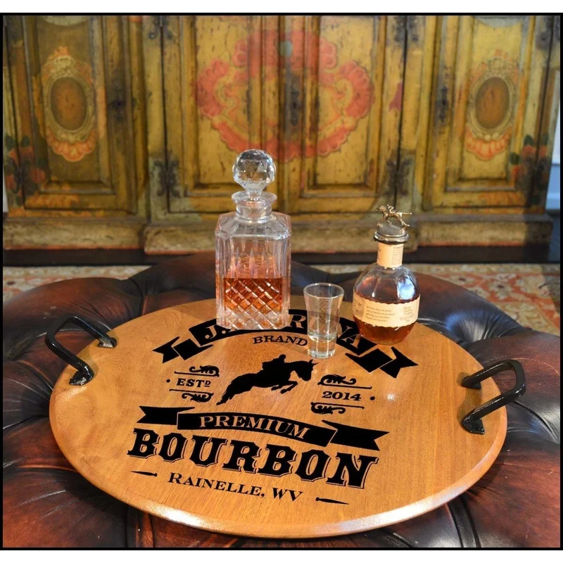 High Horse Barrel Head Serving Tray with Wrought Iron Handles - Personalized