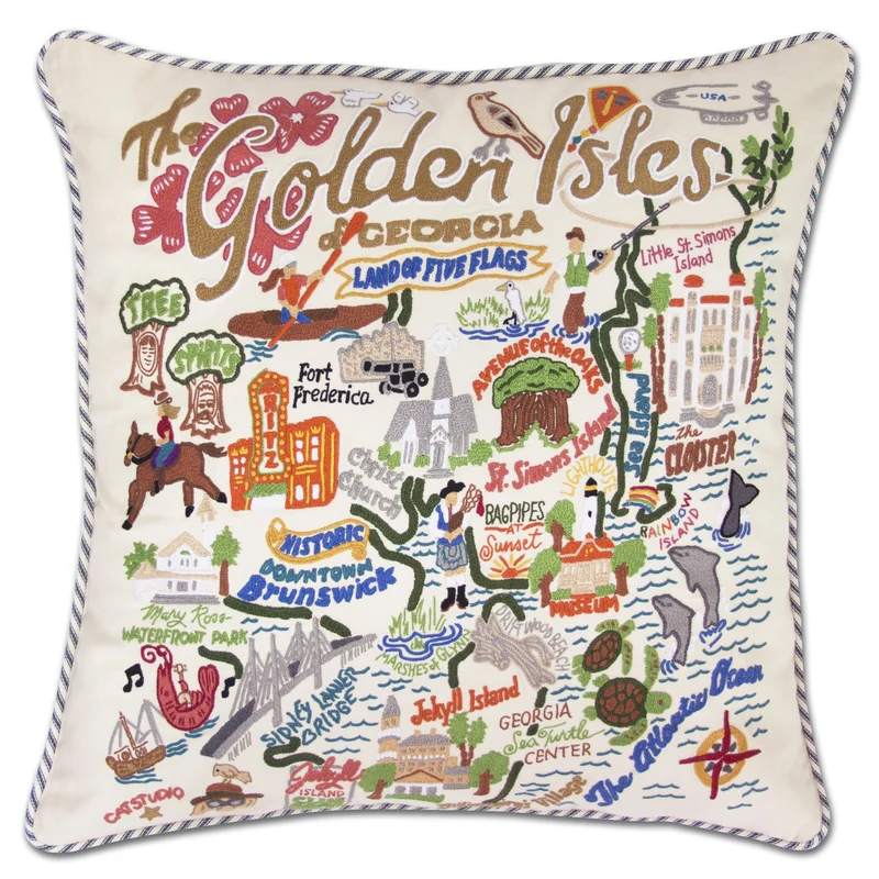 Golden Isles Hand Embroidered CatStudio Pillow