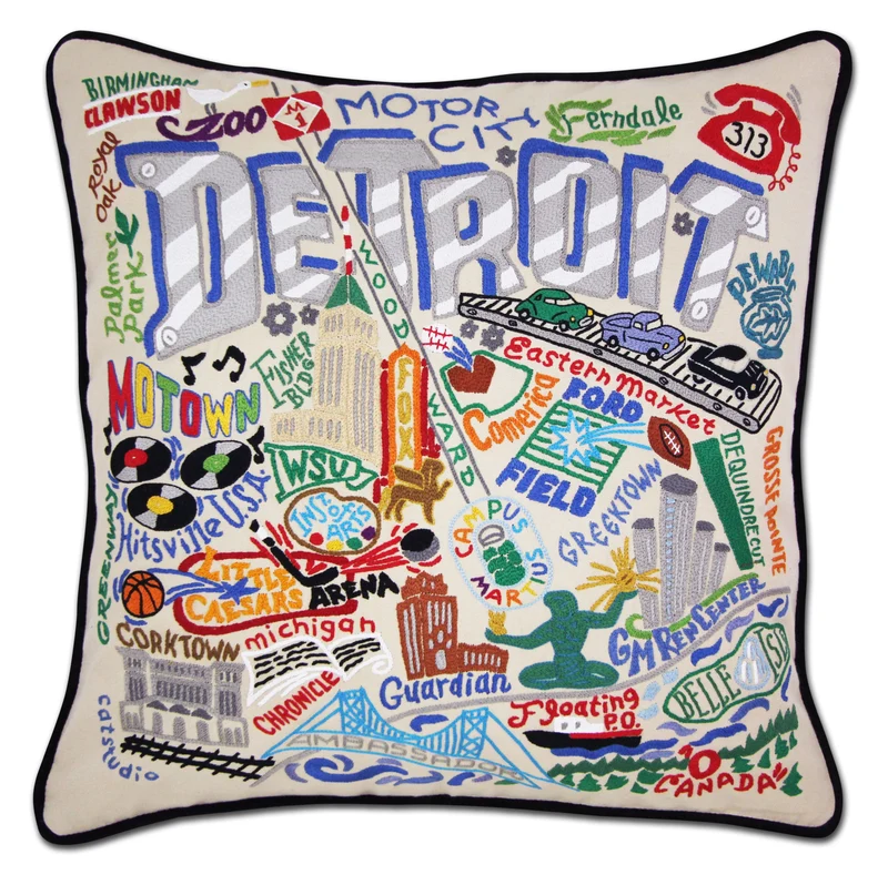 Detroit Embroidered CatStudio Pillow
