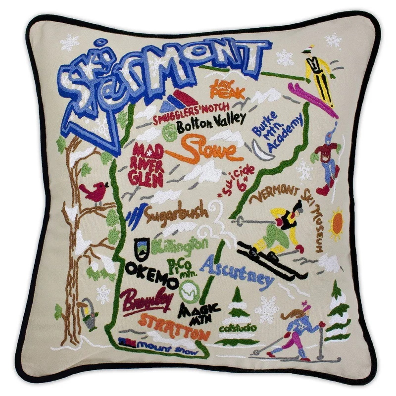 Ski Vermont Embroidered CatStudio Pillow