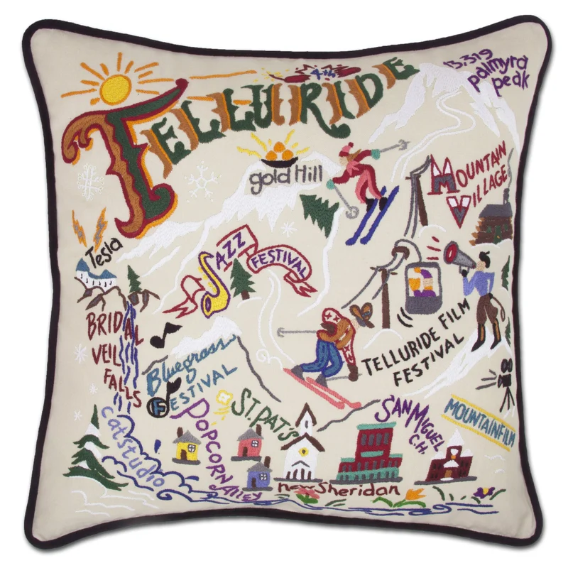 Ski Telluride Embroidered CatStudio Pillow