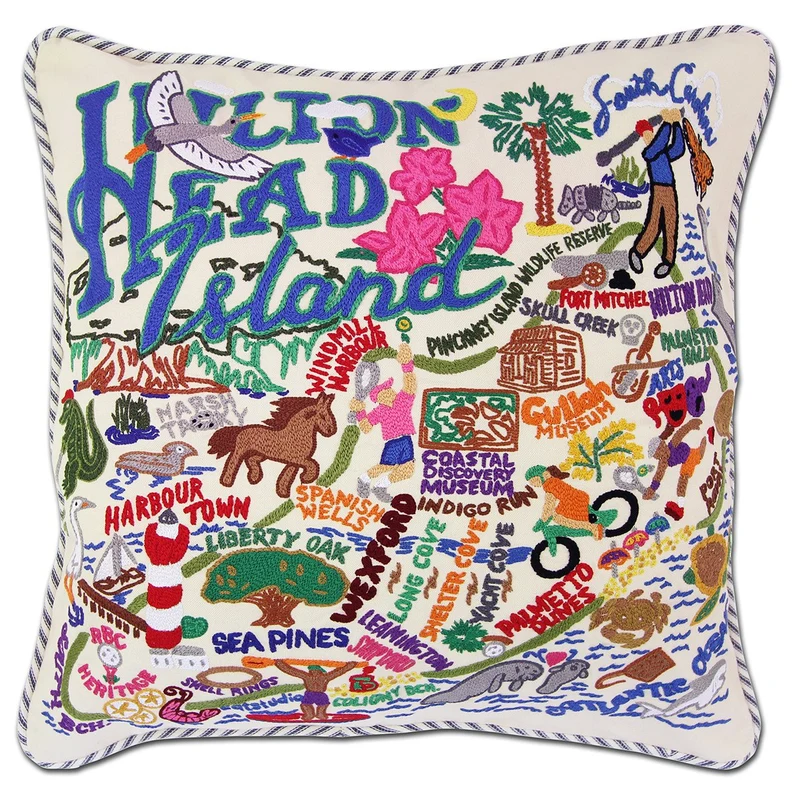 Hilton Head Embroidered CatStudio Pillow