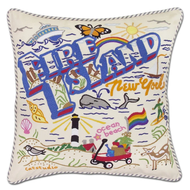 Fire Island Hand Embroidered CatStudio Pillow