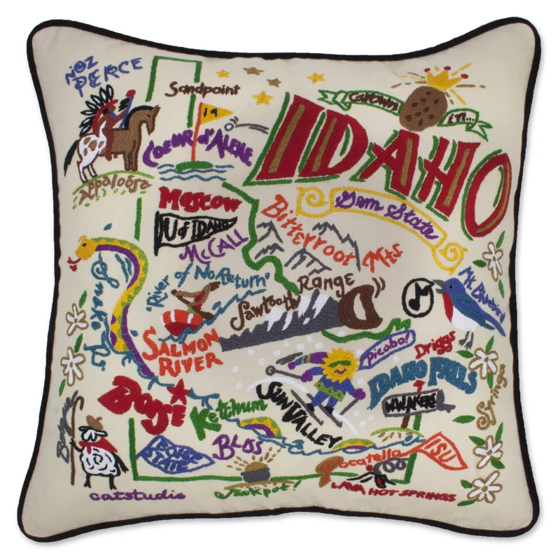 Idaho Hand Embroidered CatStudio State Pillow