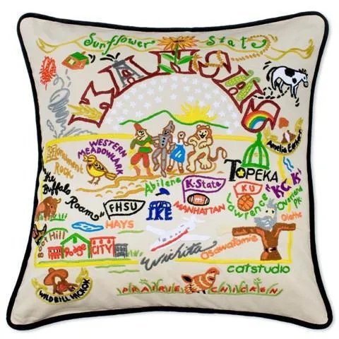 Kansas Embroidered CatStudio State Pillow