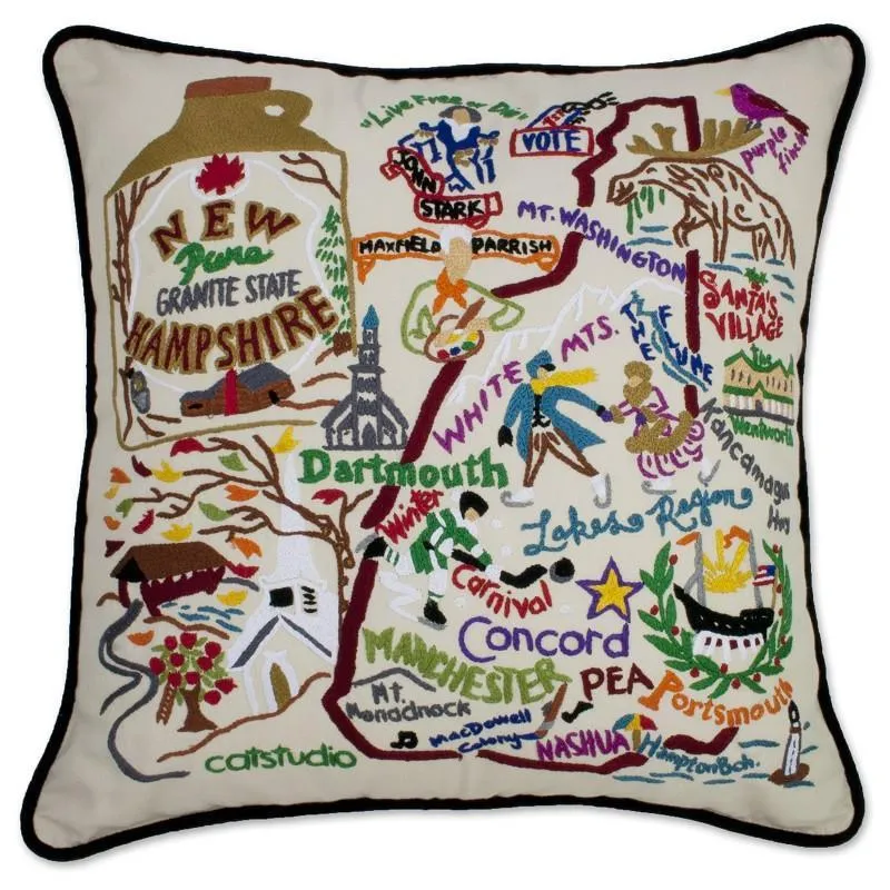 New Hampshire Hand Embroidered CatStudio State Pillow