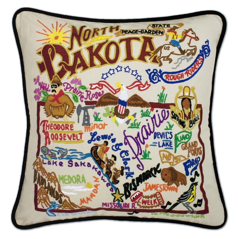 North Dakota Embroidered CatStudio State Pillow
