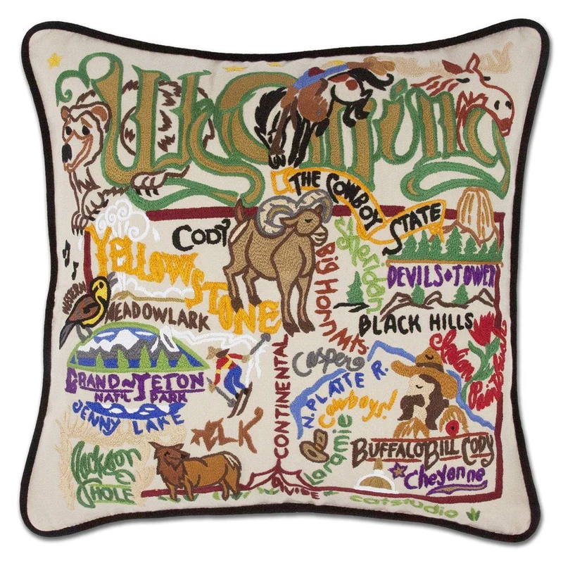 Wyoming Embroidered CatStudio State Pillow