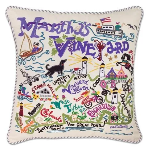 Martha's Vineyard Embroidered CatStudio Pillow
