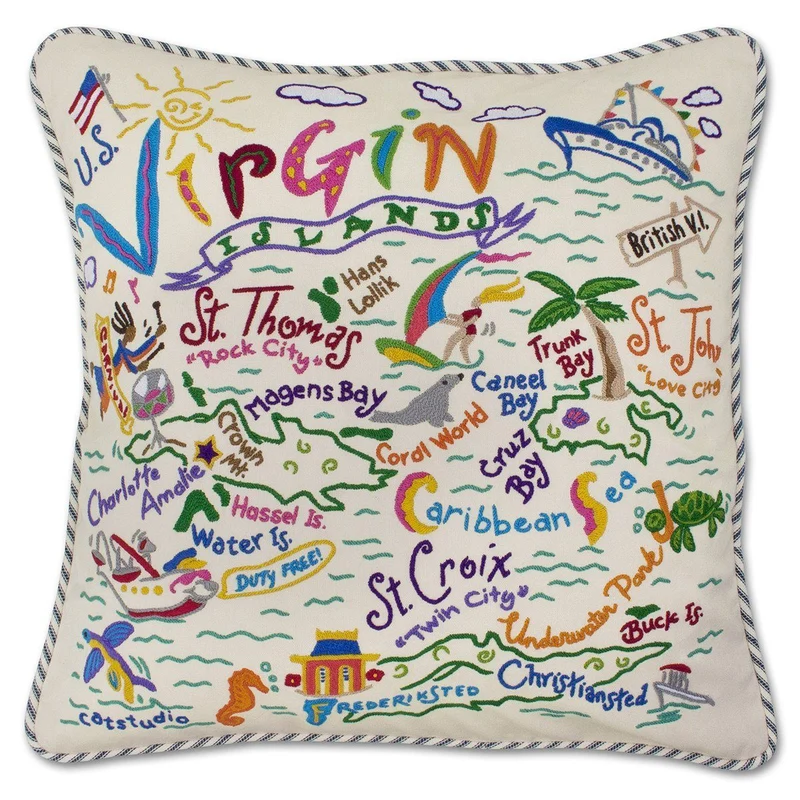 Virgin Islands Hand Embroidered CatStudio Pillow