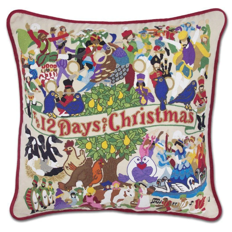 12 Days of Christmas Hand Embroidered CatStudio Pillow