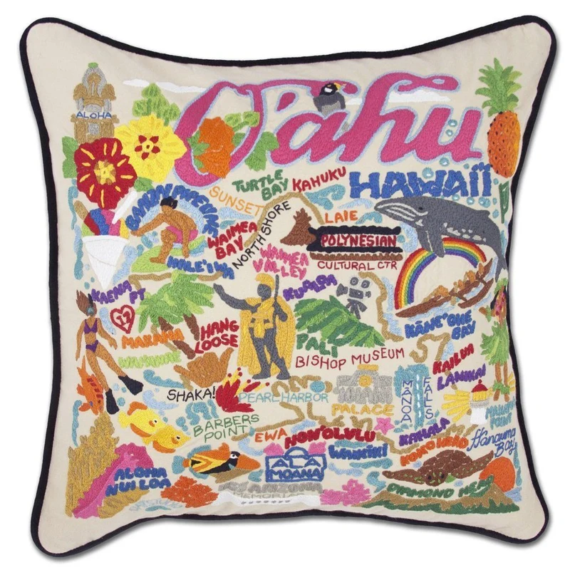 Oahu Embroidered CatStudio Pillow