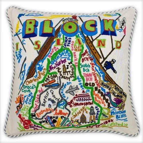 Block Island Hand Embroidered CatStudio Pillow