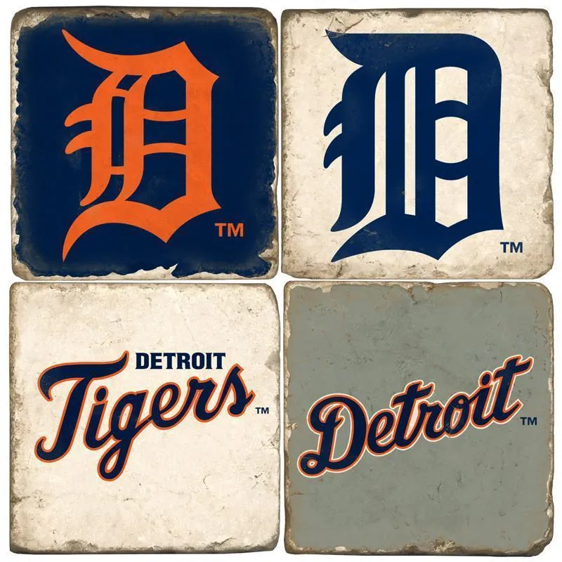 Detroit Tigers Italian Marble Coasters with Wrought Iron Holder (set of 4)