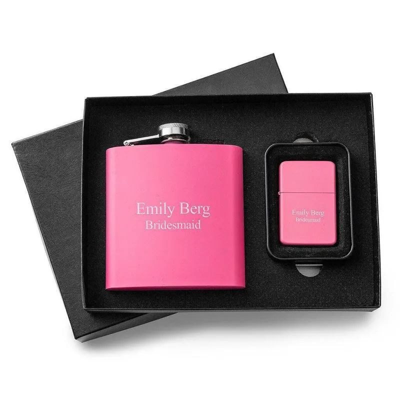 Pink 6oz Matte Flask & Lighter Personalized Gift Set