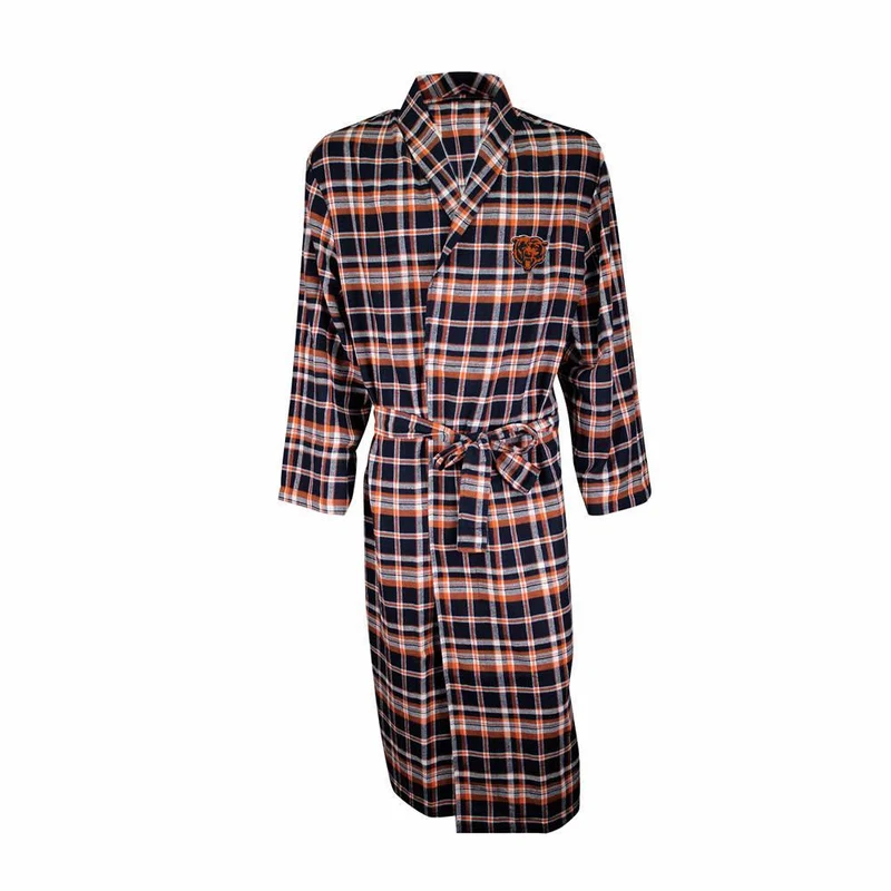 Chicago Bears Mens Navy/Orange Plaid Flannel Bathrobe
