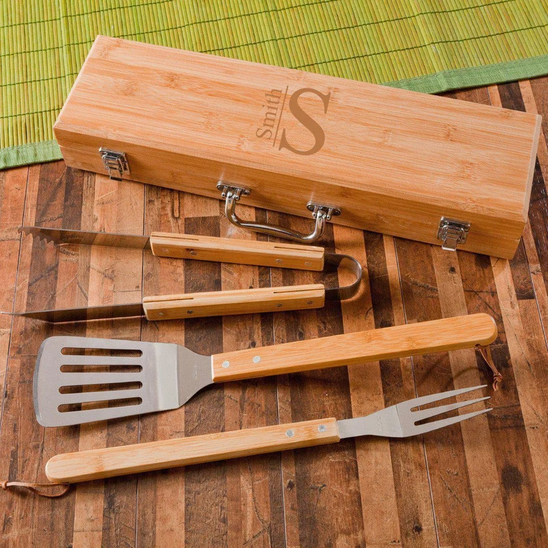 Grilling BBQ Set with Bamboo Case - Personalized