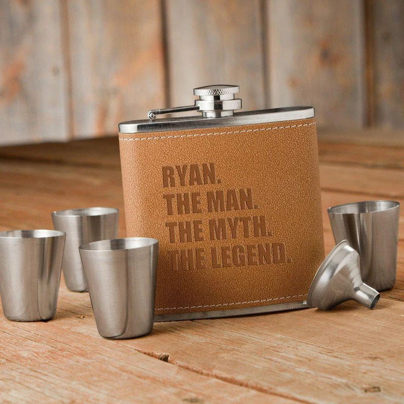 The Man. The Myth. The Legend. Tan Hide Stitched Flask and Shot Personalized Glass Set