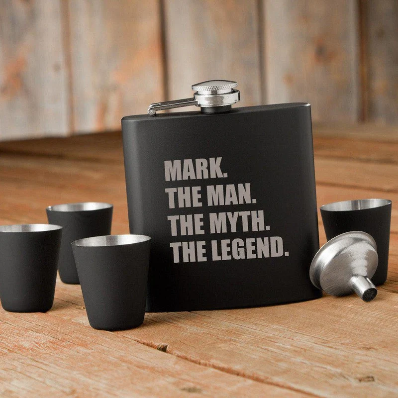 The Man. The Myth. The Legend Matte Black Flask and Shot Personalized Glass Set