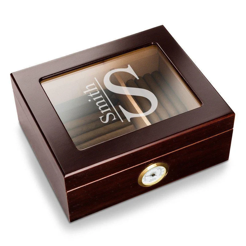 Monogrammed Triniad Glass Top Mahogany Humidor