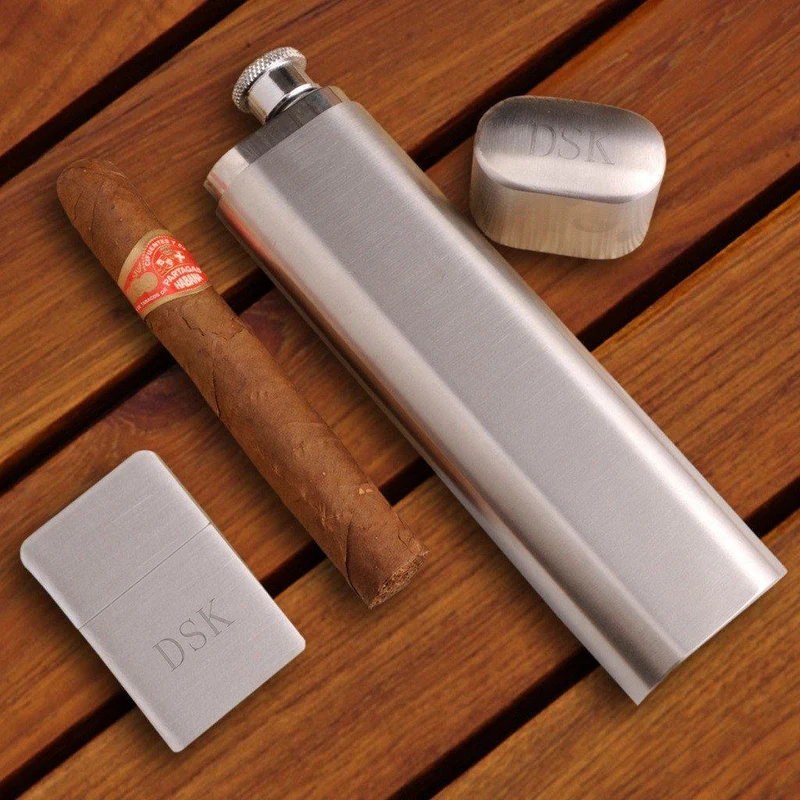 Cigar Flask with Brushed Silver Lighter Personalized Gift Set
