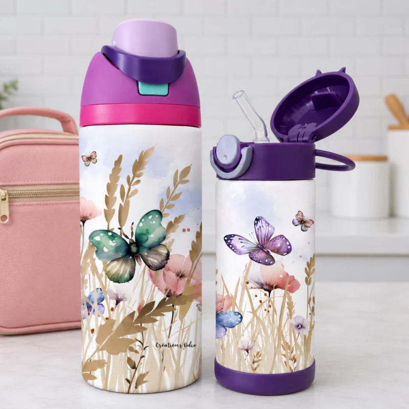Gourde thermos - Fleurs et papillons