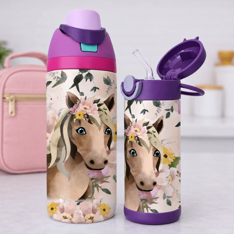 Gourde thermos - Cheval et fleurs