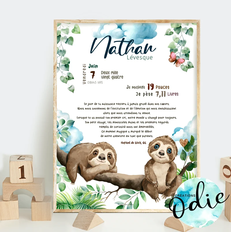 Affiche de naissance - Petit Paresseux