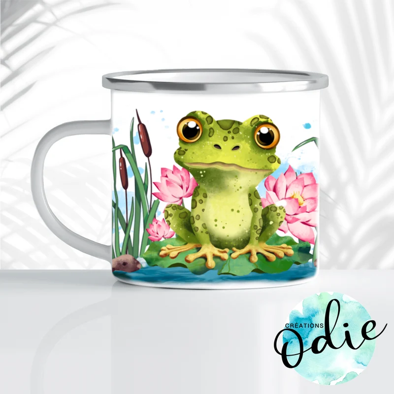 Tasse en acier émaillé - Grenouilles et lotus