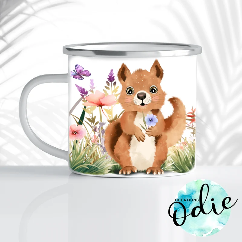 Tasse en acier émaillé - Écureuils et les fleurs