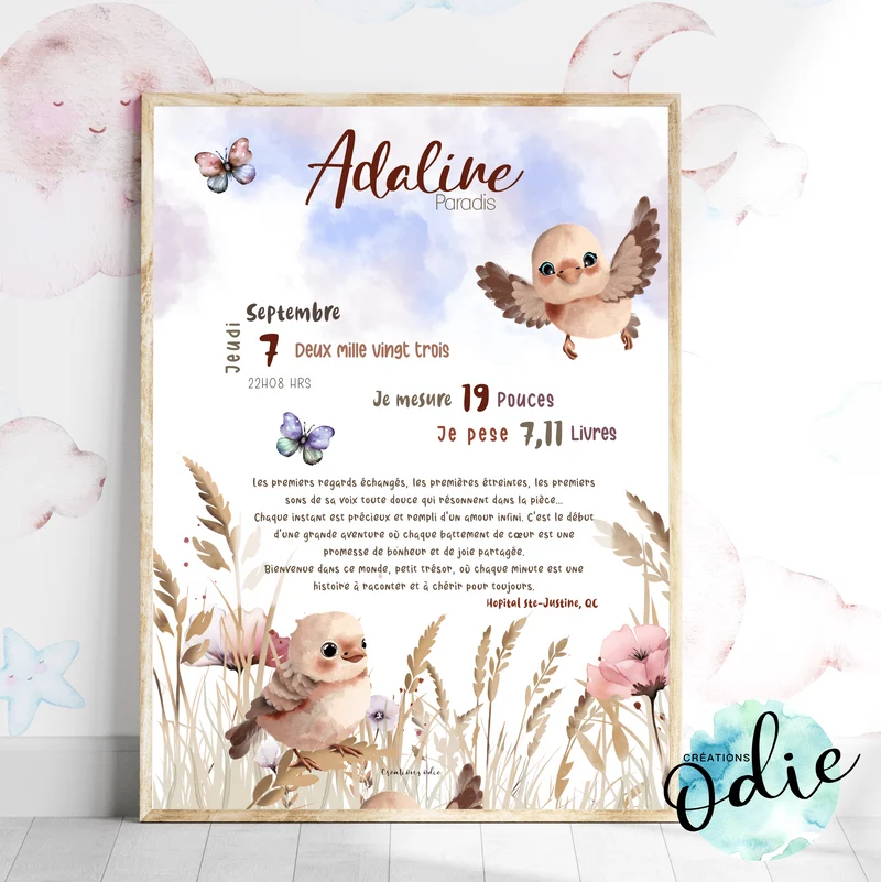 Affiche de naissance - Oiseaux et fleurs