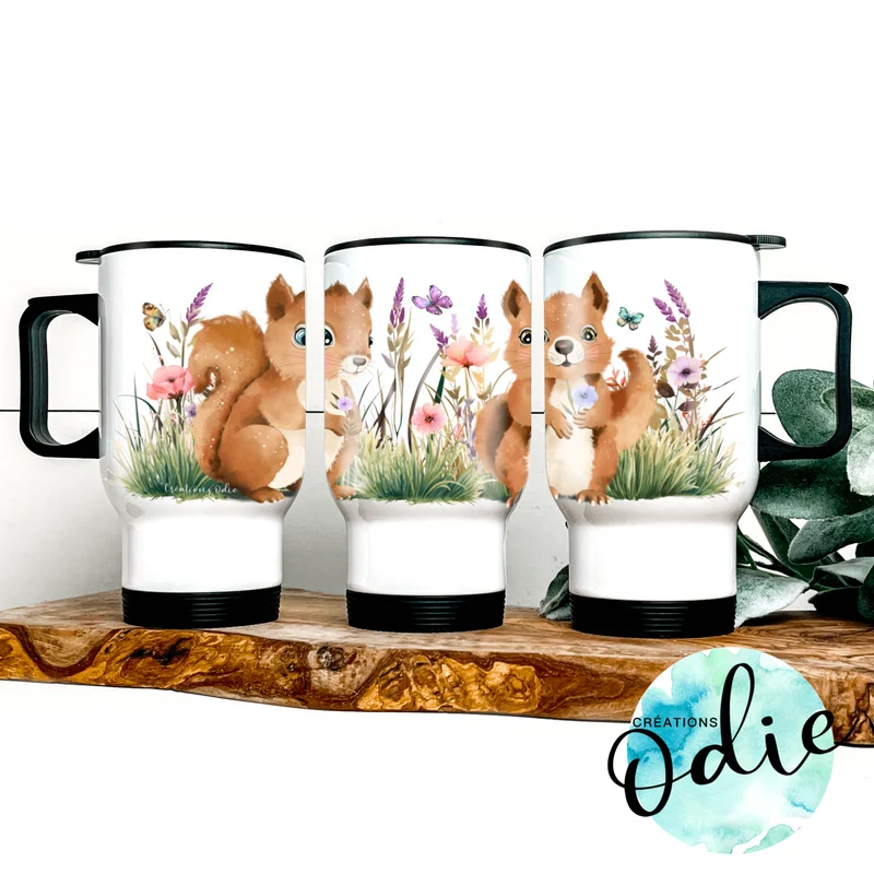 Tasse isotherme - Écureuils et fleurs