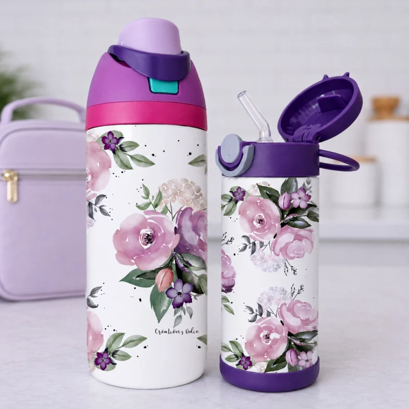 Gourde thermos - Fleurs mauves