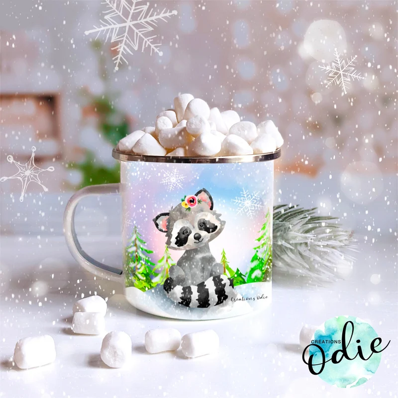 Tasse en acier émaillé - Raton dans la neige