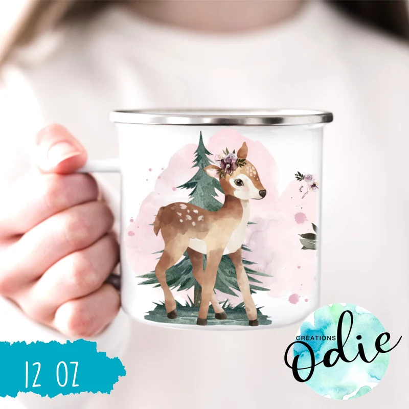Tasse en acier émaillé - Chevreuils & fleurs