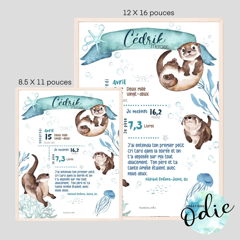 Affiche de naissance - Thème petites loutres Aqua