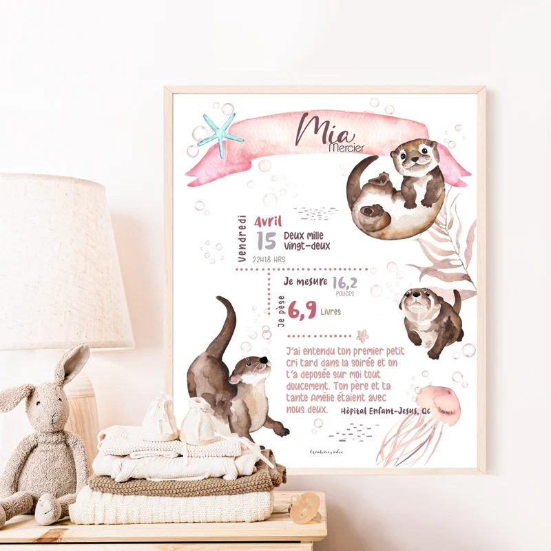 Affiche de naissance - Thème petites loutres