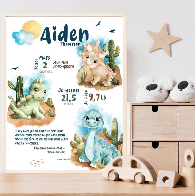 Affiche de naissance - Dinosaures cutes