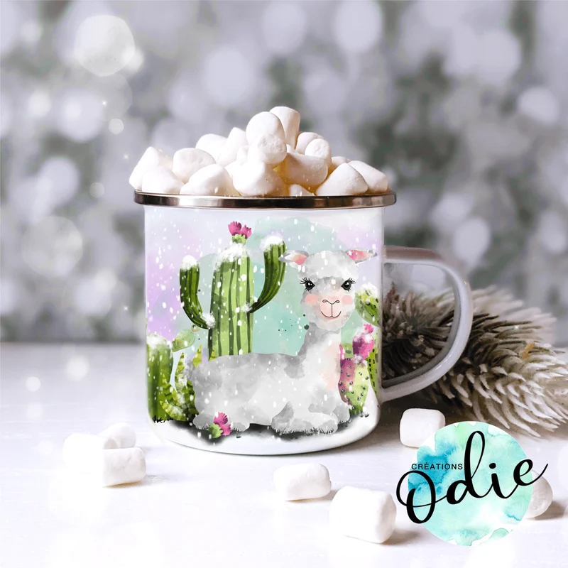 Tasse en acier émaillé - Alpagas dans la neige