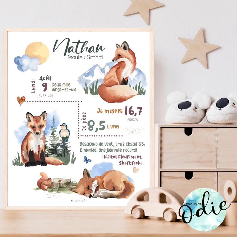 Affiche de naissance - Thème renards 1